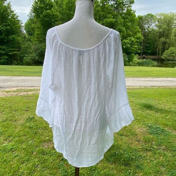 Zac & Rachel Womens White Gauze Semi Sheer Wood Beaded Peasant Blouse Size 1X - Picture 4 of 5